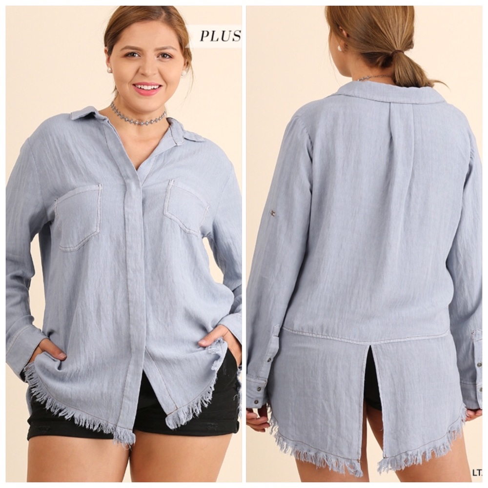 Chambray Frayed Light Denim Button Down Blouse XL - Picture 3 of 7